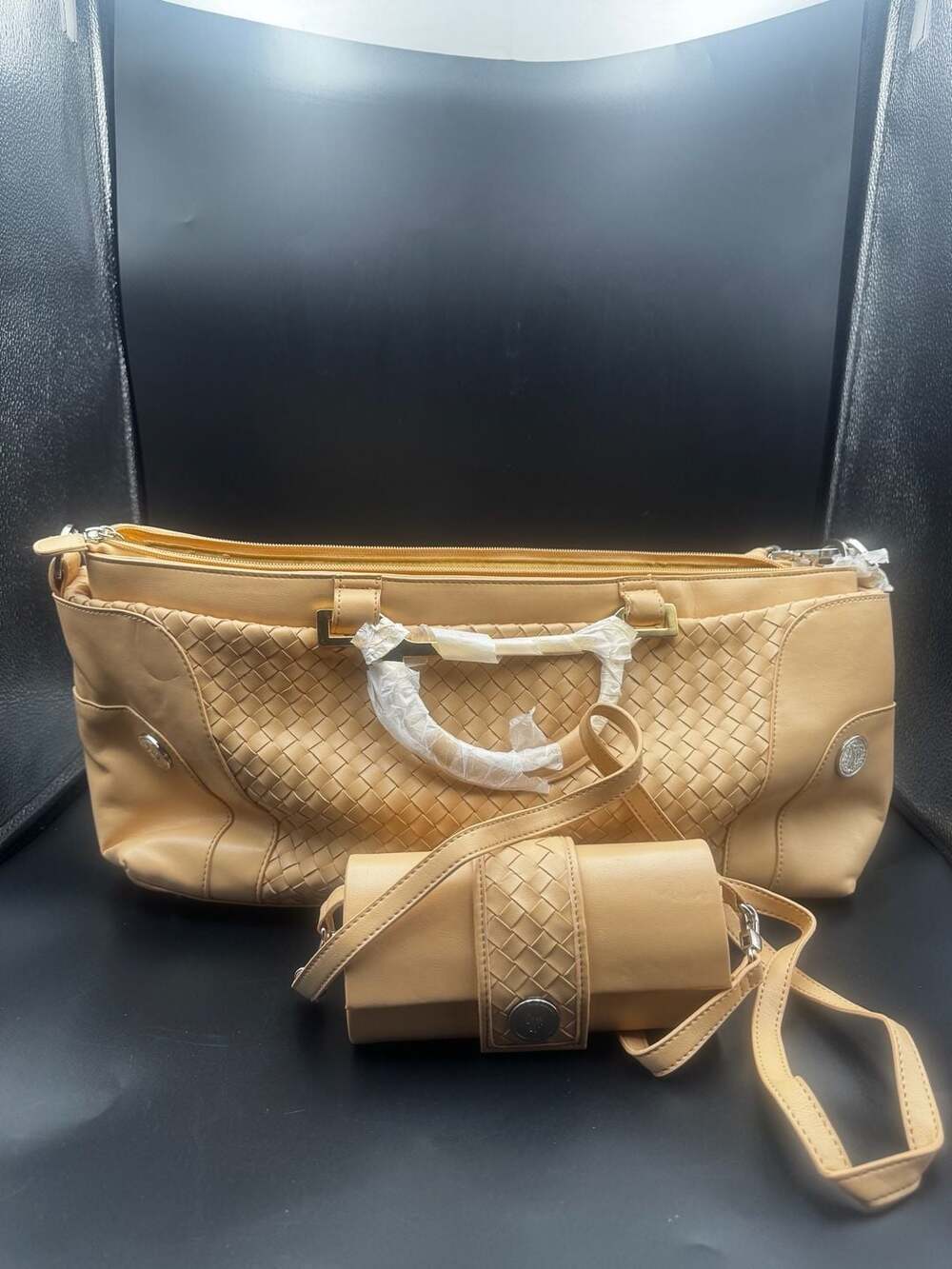 Joy Mangano Large Woven Leather Brown Satchel Handbag Classic